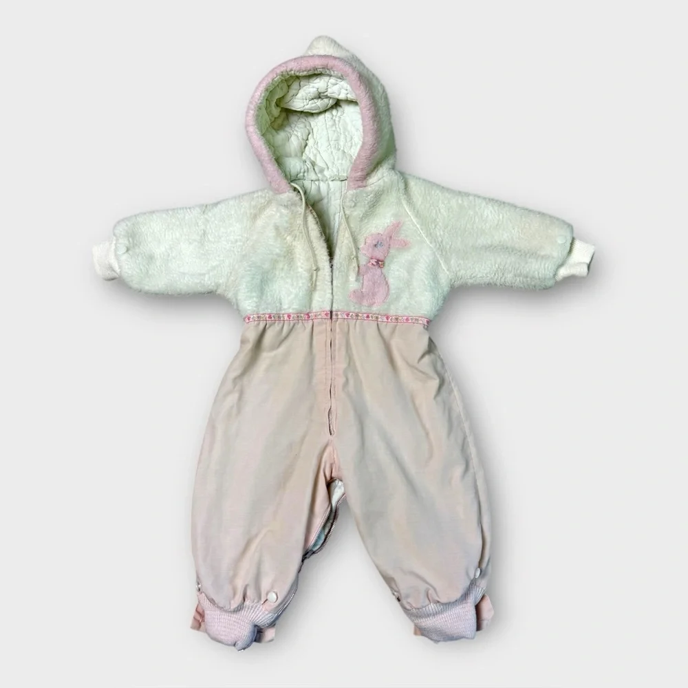 Vintage Infant‎ Hooded Snowsuit Pink White Bunny Quilted Lining Zip Up Bunting